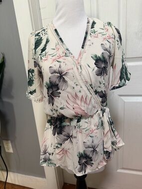 Floral Wrap Blouse in Cream, Green & Pink